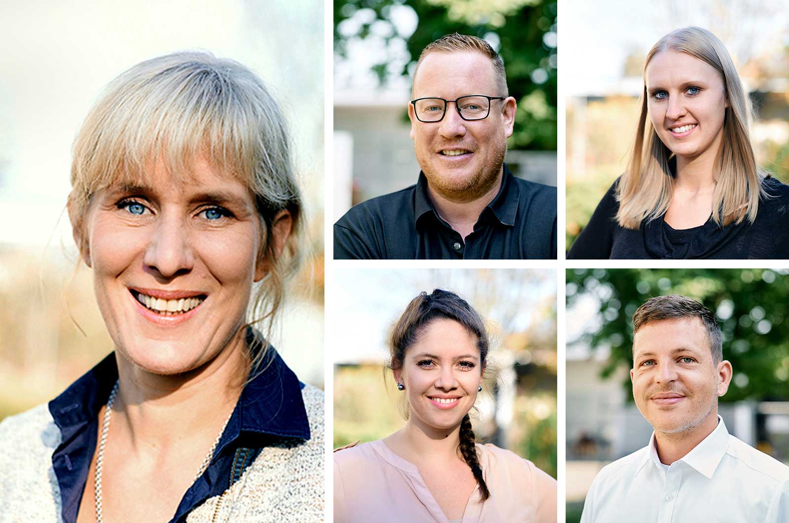 Porträtfotos vom Team das WSSW: Vivian Schiffmann, Anton Röhrich, Angelika Deska, Sarah Ingrà und Julian Linder