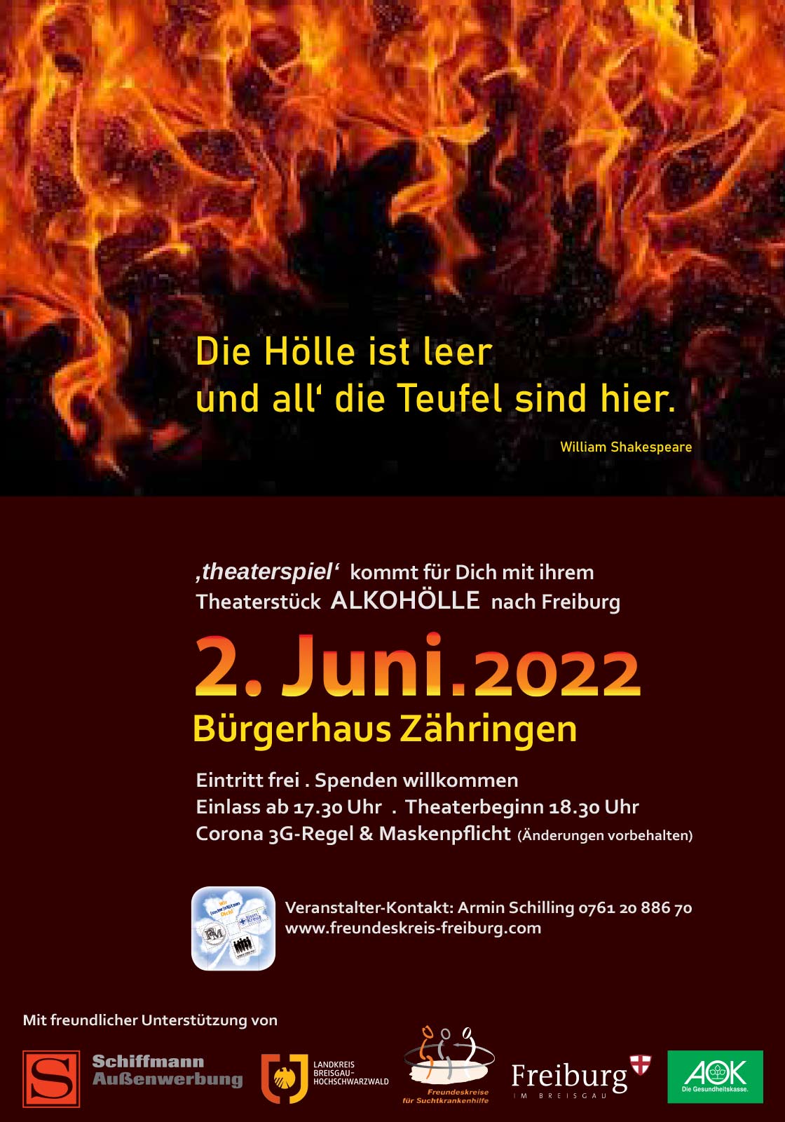 Plakat Alkohölle, Aushang gesponsort von Schiffmann Außenwerbung in Fahrgastunterständen der VAG Freiburg mit CityLightPoster